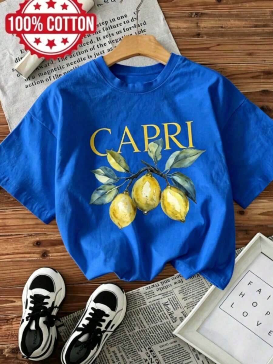 RegaloRegalo | 1 Playera para Mujer 100% Algodón Transpirable | Camiseta de manga corta con cuello redondo y estampado de limón estilo fresco, - Ideal para el veranoSoftSoft - Azul - Ver 1