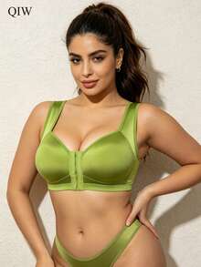 1pc Glossy Fabric Women's Casual Everyday Bra, Wireless Front Closure One-Piece Fixed Non-Slip Strap Underwear - Green - View 5