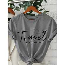 Women's "Travel Is My Relax" Graphic Cotton T-Shirt - Black With White Lettering & Airplane Heart Design, Loose Fit Short Sleeve Round Neck Casual Top For Summer, Breathable Machine-Washable TeeWomen's Valentine's Day Heart Print T-Shirt,Women's Football Print Oversized T-Shirt,Women's Minimalist Geometric T-Shirt - Xám - Xem 10