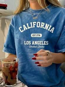 Women's Vintage Graphic T-Shirt With California Los Angeles Design - Casual Crew Neck, Short Sleeve, Cotton, Machine Washable, EST 1776 Print2025 - 藍色 1 - 查看 5