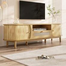 Mueble para TV con puertas y cajones. Mueble de ratán para TV, puertas de madera maciza, solución de almacenamiento de estilo rústico – panel frontal bajo. - Color natural - Ver 4