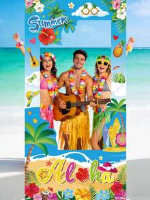 60x120cm 乙烯基攝影背景布，夏威夷 Aloha Tiki 框架剪影主題，藍色，適用於嬰兒洗禮、性別揭曉派對、夏季夏威夷主題派對 - 藍白色 - 查看 8
