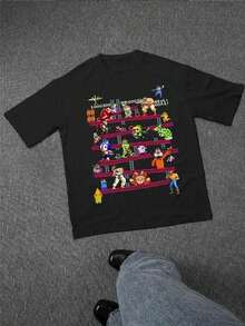 Camiseta gráfica retro arcade mix para hombre, estampado genial de personajes de videojuegos clásicos, cómoda camiseta de cuello redondo y manga corta en mezcla de algodón, estilo de moda de jugador único 136 de gran tamañosummer - Negro - Ver 4