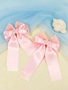 2pcs Solid Color Mesh Bowknot Hair Clips, Matching Starfish Hair Pins, Versatile Casual Style Hair Accessories, Suitable For Beach, Party Wear - Multicolor - View 5