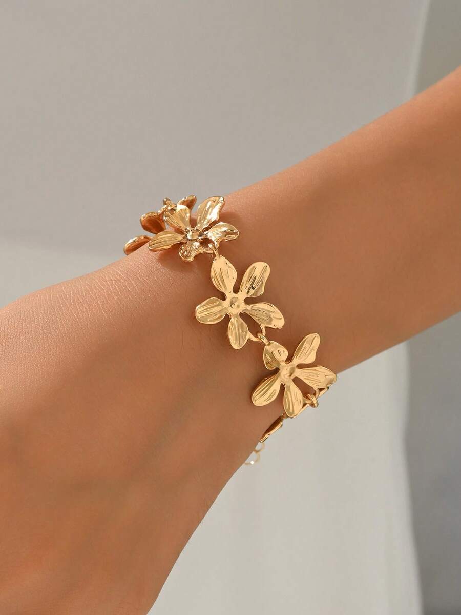 1pc Fashion Elegant Design Gold Glitter Drip Glaze Flower Bracelet, Versatile Women's Hand Jewelry, Suitable For Daily Wear, Dating, Photography, Party, Chain Cut By Length, Number Of Sections Not Fixed - Gold - View 1