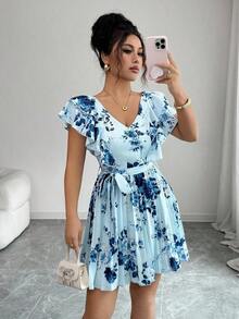 Vestido elegante y romántico para vacaciones con cuello en V con volantes, cintura ceñida y estampado de lunares en forma de línea A para mujeres - Multicolor 2 - Ver 1