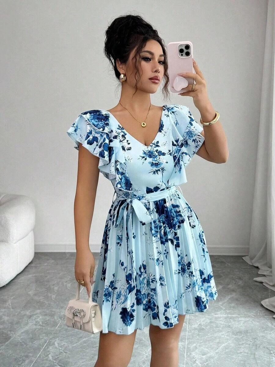 Vestido elegante y romántico para vacaciones con cuello en V con volantes, cintura ceñida y estampado de lunares en forma de línea A para mujeres - Multicolor 2 - Ver 1