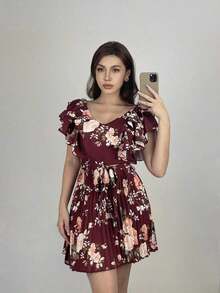 Vestido elegante y romántico para vacaciones con cuello en V con volantes, cintura ceñida y estampado de lunares en forma de línea A para mujeres - Multicolor 8 - Ver 3