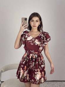 Vestido elegante y romántico para vacaciones con cuello en V con volantes, cintura ceñida y estampado de lunares en forma de línea A para mujeres - Multicolor 8 - Ver 5