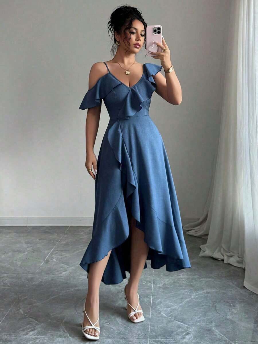 Vestido elegante de verano con efecto de mezclilla, con volantes asimétricos - Azul - Ver 1