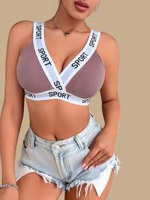 1pc Women Fashion Casual Letter Ribbed Soft Cup Bra, Comfortable Wireless With Pads, Medium Support Sports Bra Underwear - Pink - View 8