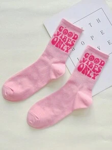 1 Pair Women's Pink Letter & Cartoon Smiling Face Fashion Mid-Calf Socks, Soft Comfortable Breathable, Versatile For All Seasons, Casual, Sports, Street Wear, Suitable As Gifts - Multicolor - View 5