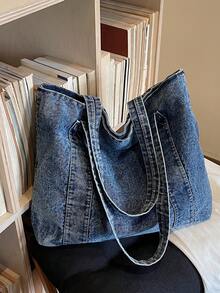 1pc Minimalist Large Capacity Denim Shoulder Tote Bag, Suitable For Outing, Travel, Shopping, Vacation - Blue - View 5