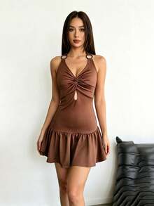 1pc Solid Color Casual Elegant Party Knit Fabric Ruffle Hem Dress, Vacation Beach Holiday Spring/Summer - Coffee Brown - View 6