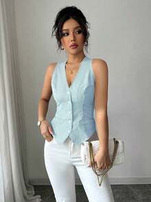 Chaleco casual de mujer de rayas minimalista de una sola hilera, adecuado para ir al trabajo y citas - Azul - Ver 4