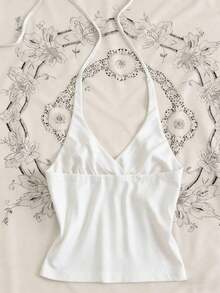 Camiseta de mujer de unicolor con cuello de halter plisado y lazo, versátil para vacaciones y citas - Blanco - Ver 2
