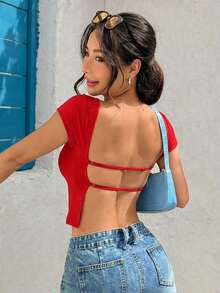 Camiseta corta negra de punto ajustada y sin espalda para verano - Rojo - Ver 7