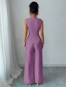 Traje casual/de trabajo elegante de mujer con decoración de botones florales - Púrpura malva - Ver 2