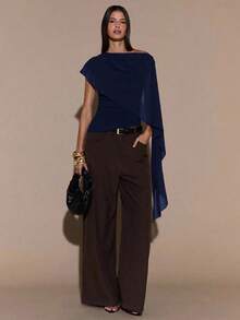 Blusa de punto con cuello anudado y hombro asimétrico, suéter elegante y ajustado, otoño/invierno - Azul marino - Ver 4
