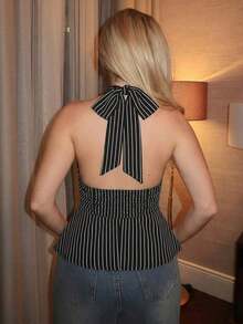 Top sin espalda de halter estilo boho marrón para salir, tipo babydoll, para primavera a verano - Negro - Ver 2