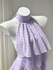 Blusa elegante sin mangas con cuello de tortuga, volantes y lunares para el verano - Morado - Ver 5