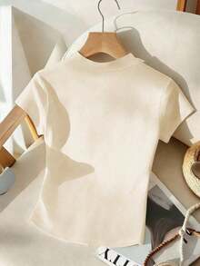 Camiseta de mujer de punto con cuello en V profundo, manga corta, cintura ceñida, abertura frontal con botones metálicos, elegante, romántica, casual, para uso diario, trabajo, cena, primavera/verano - Albaricoque - Ver 2