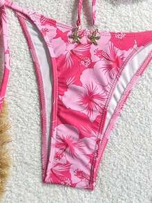 Conjunto de bikini para mujer con top de tirantes con aros y sujetador push-up con estampado digital y Bottom con lazos laterales, para primavera/verano - Multicolor 2 - Ver 3