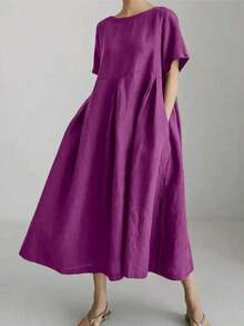 Vestido de lino suelto, casual, elegante y cómodo para mujer.Vestido largo suelto de manga corta, con bolsillo, cuello redondo y unicolor.Ajuste relajado para el verano - Morado - Ver 7