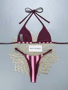 Conjunto de bikini de rayas coloridas y sexy para primavera/verano 2026, traje de baño de estilo minimalista de tres puntos para mujeres jóvenes - Multicolor 7 - Ver 6