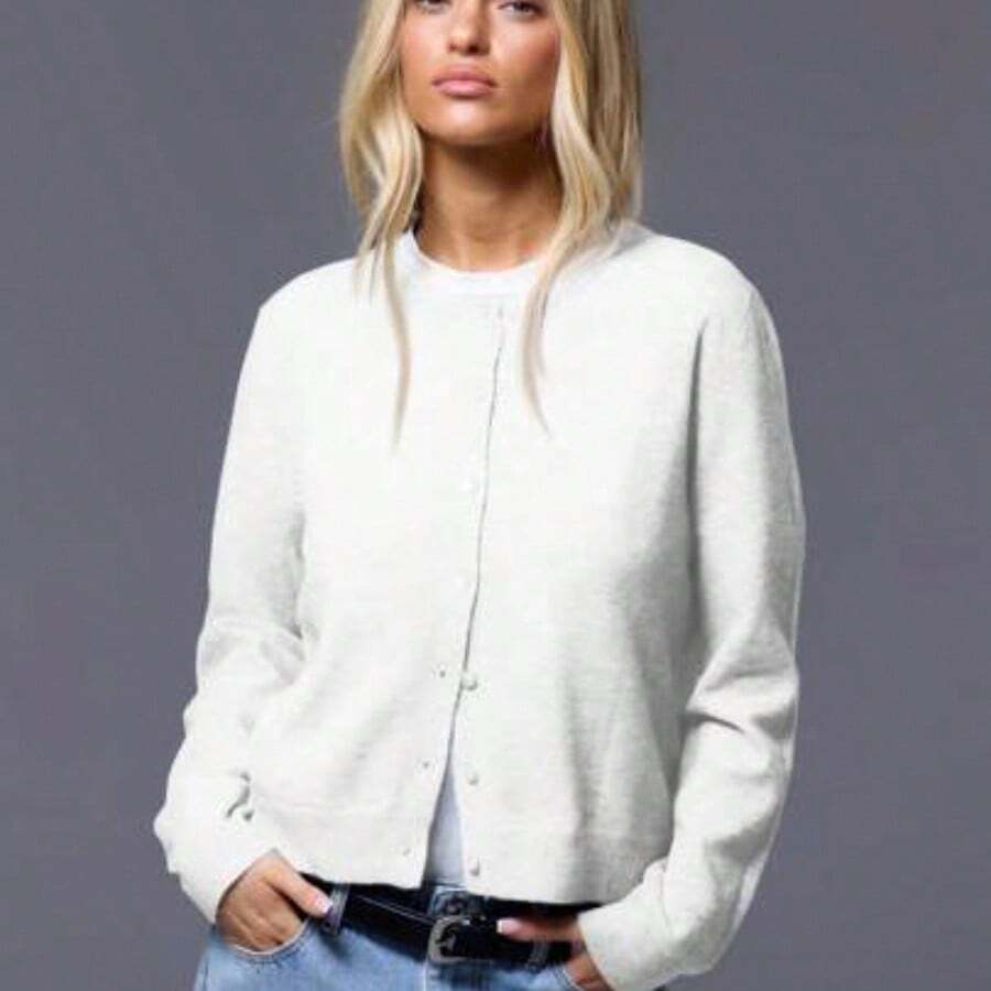 Button Up Crew Neck Cardigan For Spring Y2K 90's Casual Cute Oversized Tee Airport Outfits Fall Back To School Autumn Winter Everyday Christmas Work Office - Blanco - Ver 1