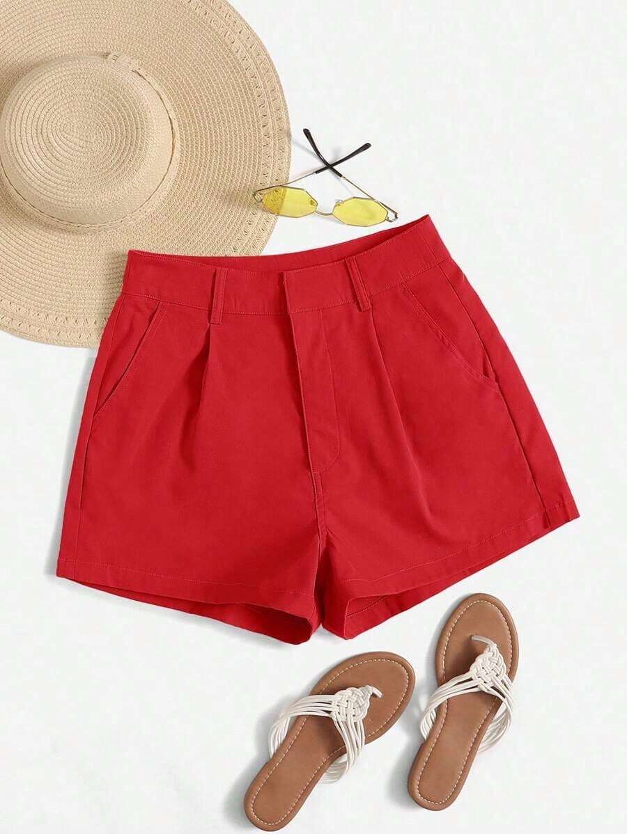 Shorts diarios tejidos de unicolor para mujer, sencillos - Rojo - Ver 1
