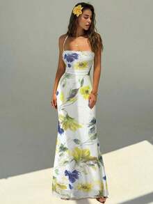 Vestido con estampado floral elegante y espalda descubierta para mujer - Blanco 2 - Ver 5