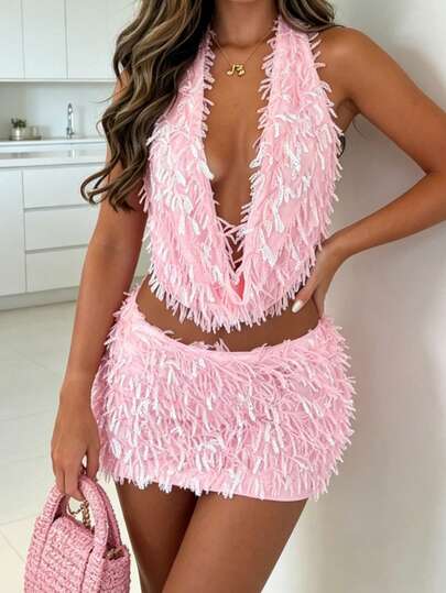 Woman Y2k Two Piece Mini Skirts Set Sparkly Sequin Beading Sleeveless Halter Tank Top Bodycon Mini Skirt Sets Club Party Wear
