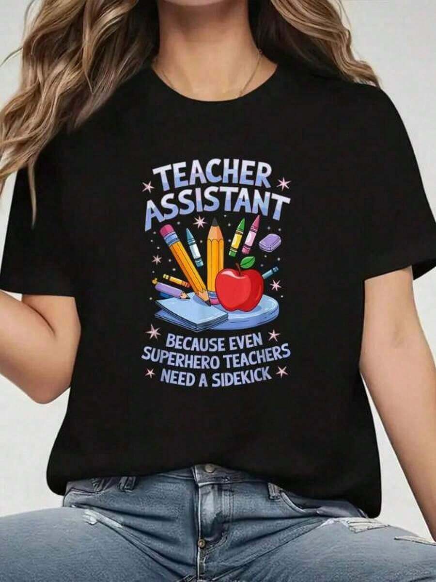 Camiseta de Algodón 2026 para Mujer, Diseño de Acompañante de Superhéroe, Asistente de Enseñanza, Tallas S-3XL - Negro - Ver 1