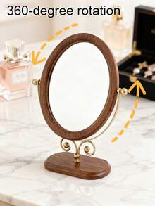 1pc Classic Oval Tabletop Makeup Mirror, 360° Rotating New Chinese Style Wooden Vanity Mirror, Home Decor, Suitable For Dressing Table And Bedroom - Multicolor - View 6