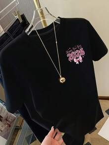 Women's T-Shirt With New Year 2026 Print - Short Sleeve, Round Neck, Casual Design With Pink Bow And Number 2026, Party And Celebration T-Shirt, Suitable For All Seasons, Ladies' T-Shirts Y2k T-Shirt Shirt - 黑色 - 查看 3