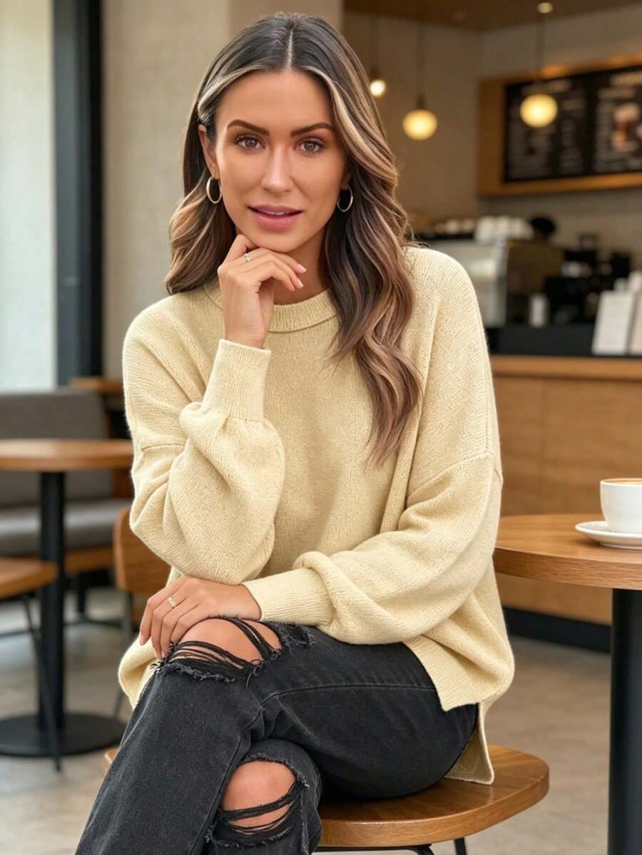 Women's Ribbed Knit Sweater With Long Sleeves And Crew Neck - Winter - Apricot - View 1