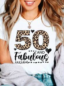 Plus Size, Plus Size 50th Birthday Leopard Letter Print T-Shirt, Group Party Birthday T-Shirt, 50th Birthday, 50th Birthday Party T-Shirt - 白色 - View 1