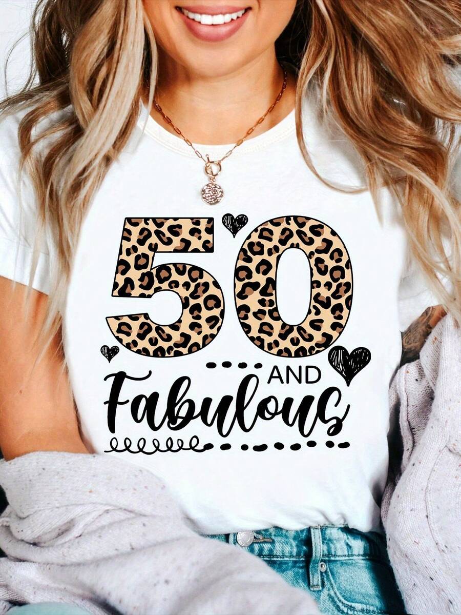 Plus Size, Plus Size 50th Birthday Leopard Letter Print T-Shirt, Group Party Birthday T-Shirt, 50th Birthday, 50th Birthday Party T-Shirt - 白色 - View 1