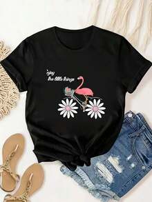 Camisetas de mujer con estampado de flamencos, moda de verano para mujer, casual, cómoda, suave, atlética, para fitness, uso diario al aire libre, transpirable, de manga corta y cuello redondo. - Negro - Ver 7