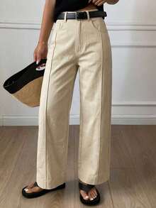 Pantalones holgados con vuelo y bolsillos para mujer, pantalones casuales de unicolor estilo callejero para otoño - Beis - Ver 3