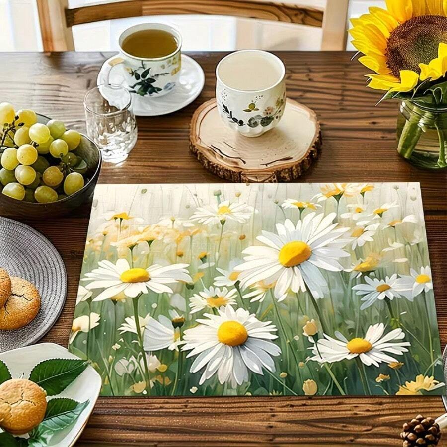 18*11.81 Inch (45*30cm) Daisy Print Rectangular Placemats, Available In 1/2/4/6/8/30 Sets, Made Of 100% Polyester With Non-Slip And Heat-Resistant Properties, Machine Washable, Hand Washable And Dry Cleanable, Suitable For Daily Dining And Home Decor, Perfect For Farmhouse And Floral Style Enthusiasts