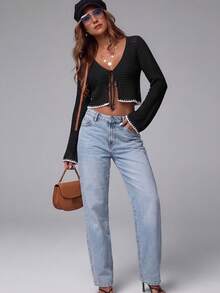 Women's Tie-Front Cropped Cardigan, Bohemian Style Long Sleeve V-Neck Knit Sweater, Suitable For Spring Fashion Daily Wear Black - Black - View 6