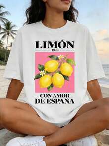 Women's Loose-Fitting Summer T-Shirt With Letter And Lemon Fruit Print, Off-The-Shoulder, Short Sleeve, Round Neck, Urban Vintage Style, Unisex, Cotton, Short Sleeve, Round Neck, Blouses For Women, Women's T-Shirts, Casual Blouses For Ladies. - 白色 - 查看 1