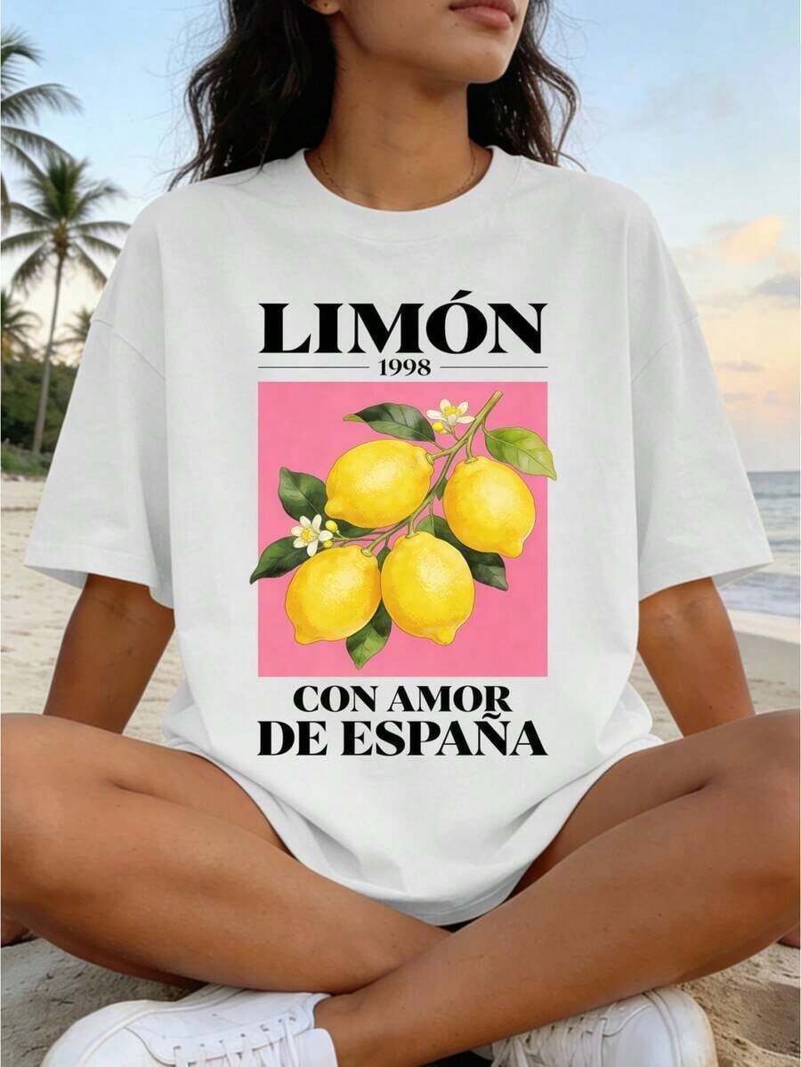 Women's Loose-Fitting Summer T-Shirt With Letter And Lemon Fruit Print, Off-The-Shoulder, Short Sleeve, Round Neck, Urban Vintage Style, Unisex, Cotton, Short Sleeve, Round Neck, Blouses For Women, Women's T-Shirts, Casual Blouses For Ladies. - 白色 - 查看 1