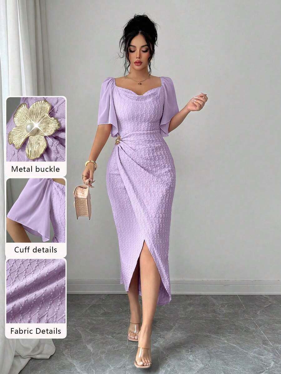 Vestido elegante ajustado con cuello de volantes, mangas de pétalos y hebilla metálica de bloque de color para mujer, primavera/verano - Morado - Ver 1