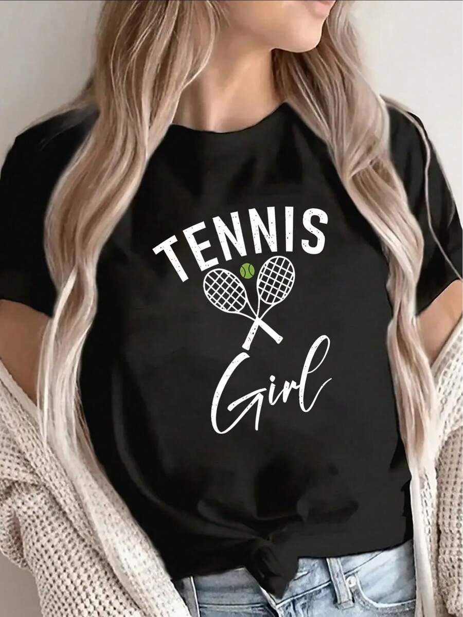 Women's Tennis T-Shirt, Casual Sporty Design With Crossed Rackets And Ball Graphic, Lightweight And Breathable, Perfect For The Gym, Practice Or Everyday Wear, Fabric Print, Short Sleeve Top - 黑色 - 查看 1