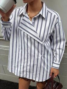 Camisa casual y holgada con rayas de efecto de dos piezas para mujer - Caqui - Ver 10