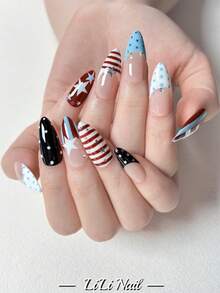 10pcs Handmade Press On Nails , Almond Nails, Cute Nails INS Style, Nude Nails, Red White Blue Nails, Star Design, Striped Pattern, Polka Dot Nails, French Tip Nails, Rhinestone Decor, Hand Painted Nails, For Women & Girls Daily Commute, Party & Office Wear, Reusable Nail Set With Nail Tools, Nail Supplies - Multicolor - View 3
