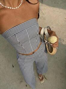 SunnyBelle Conjunto de top bandeau a rayas amarillas y pantalones pitillo de talle alto para mujer, conjunto de vestimenta versátil y de moda para calle y vacaciones, primavera/verano - Azul marino - Ver 3